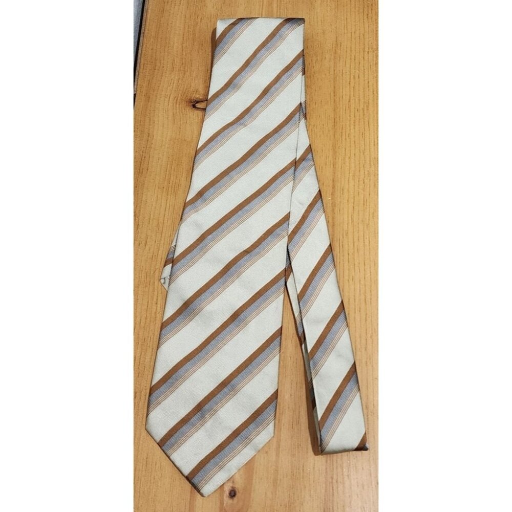 BRIONI Men’s 100% Silk Tie Striped Beige Blue Brown Handmade in Italy